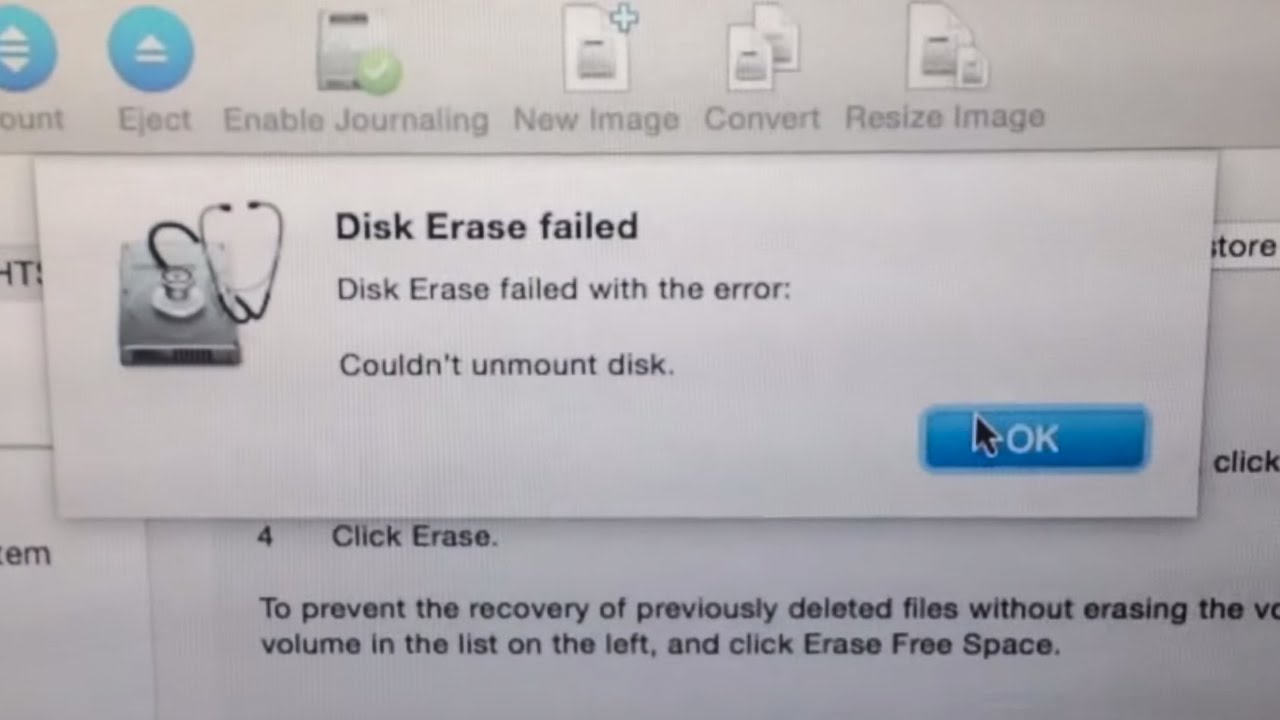 erasing and creating failed could not unmount disk